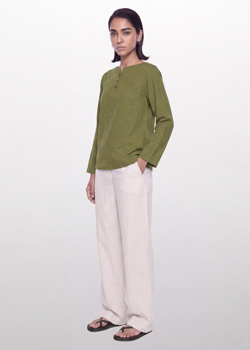 Cotton Linen Button Blouse - Olive