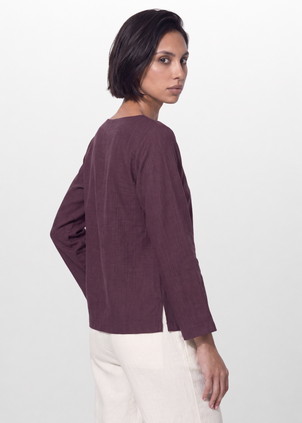Cotton Linen Button Blouse - Plum