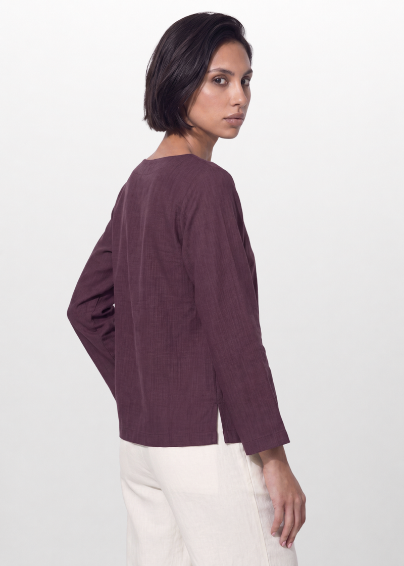 Cotton Linen Button Blouse - Plum