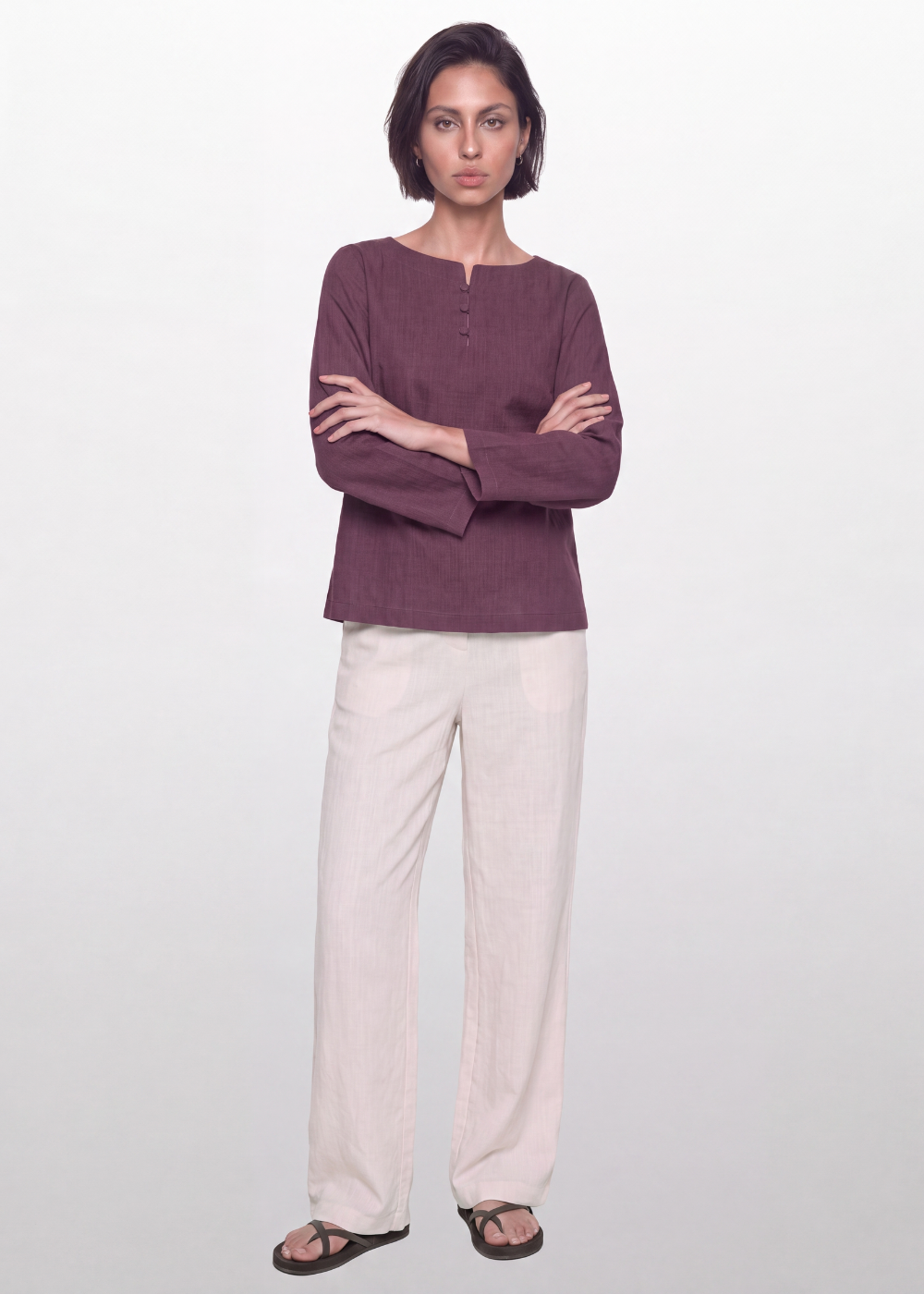 Cotton Linen Button Blouse - Plum