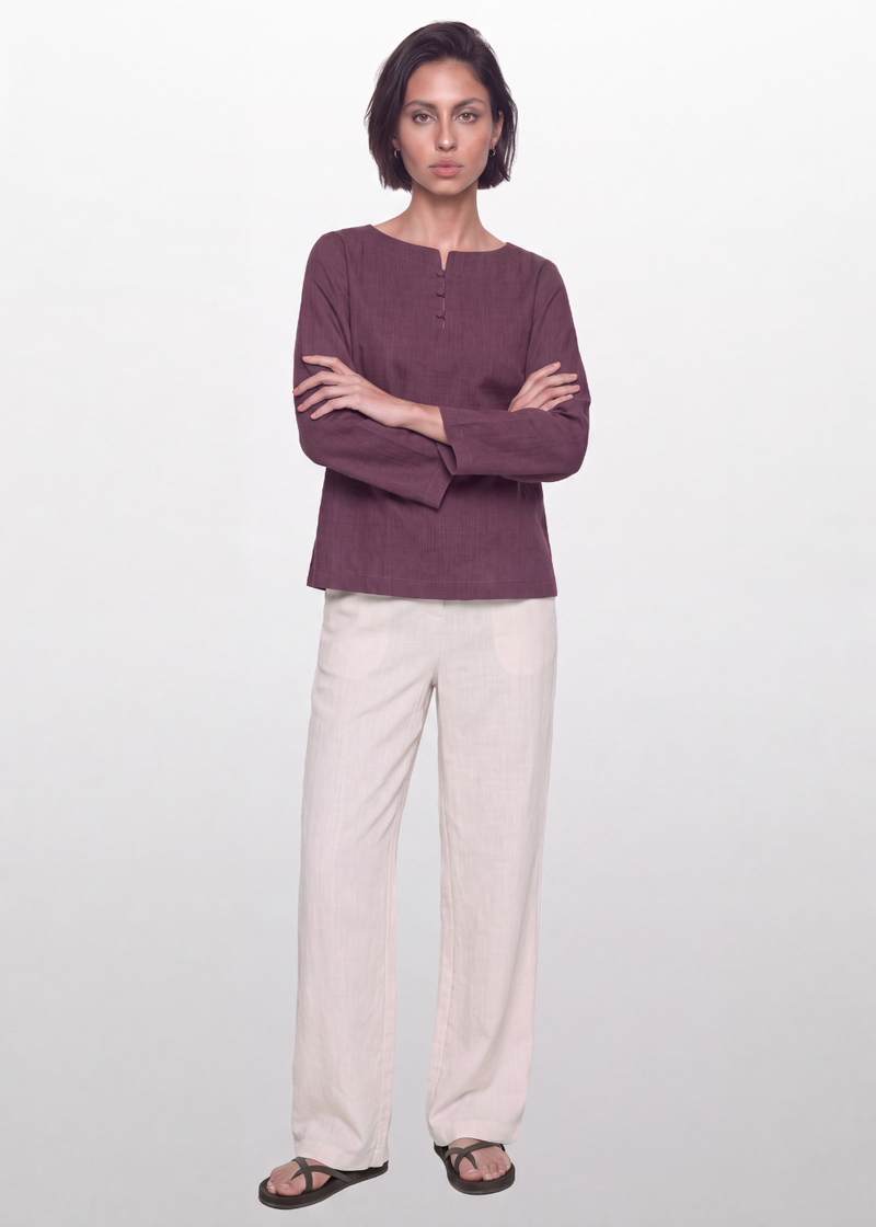 Cotton Linen Button Blouse - Plum