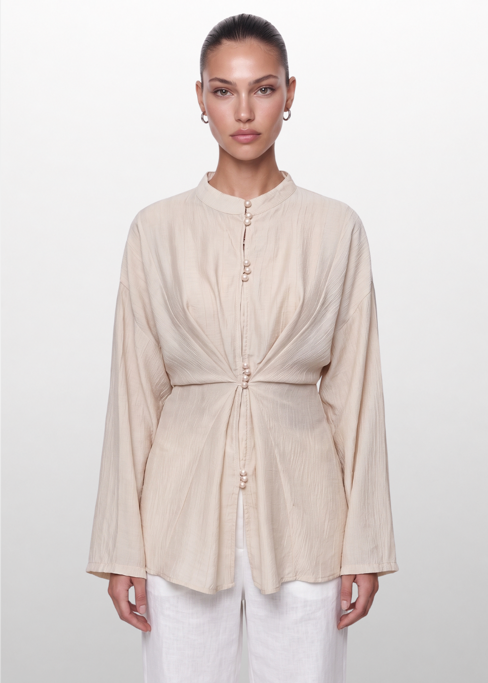 Crinkle Belted Blouse Beige
