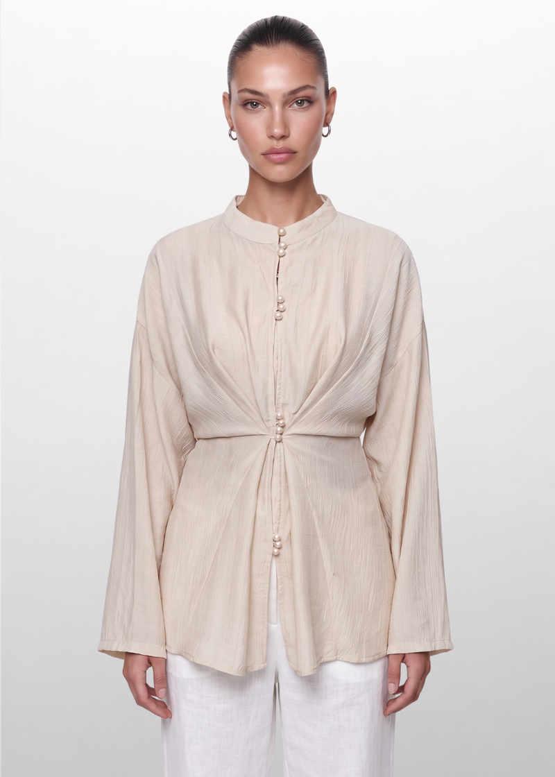 Crinkle Belted Blouse Beige
