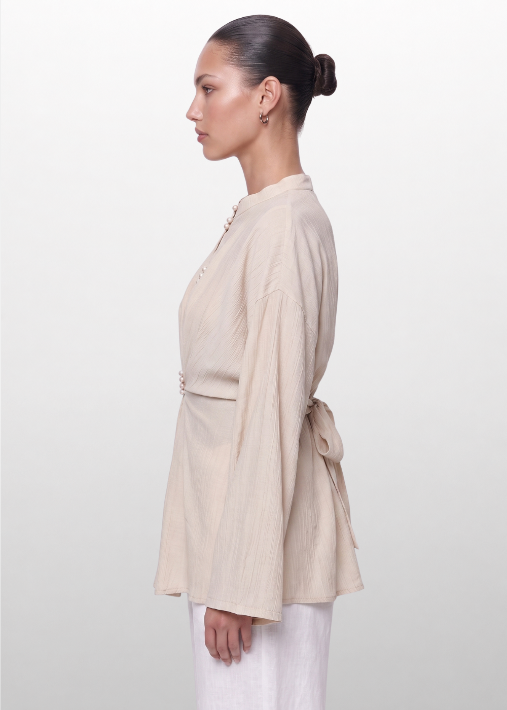 Crinkle Belted Blouse Beige