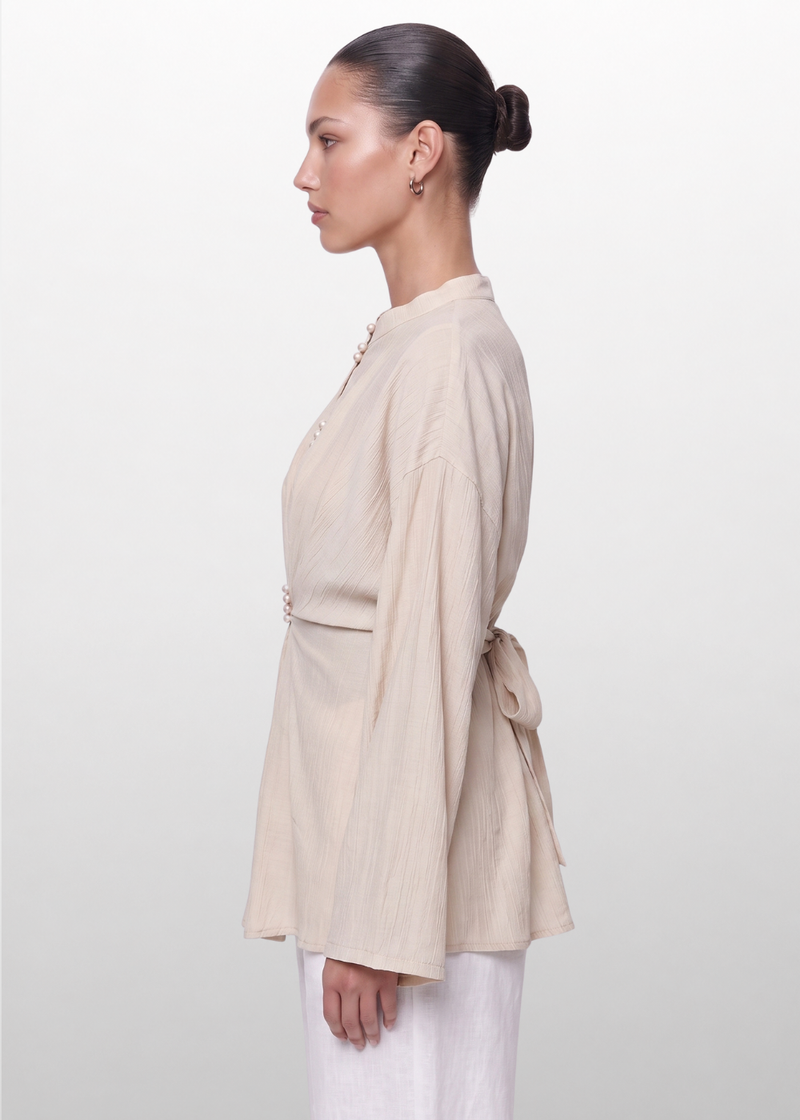 Crinkle Belted Blouse Beige