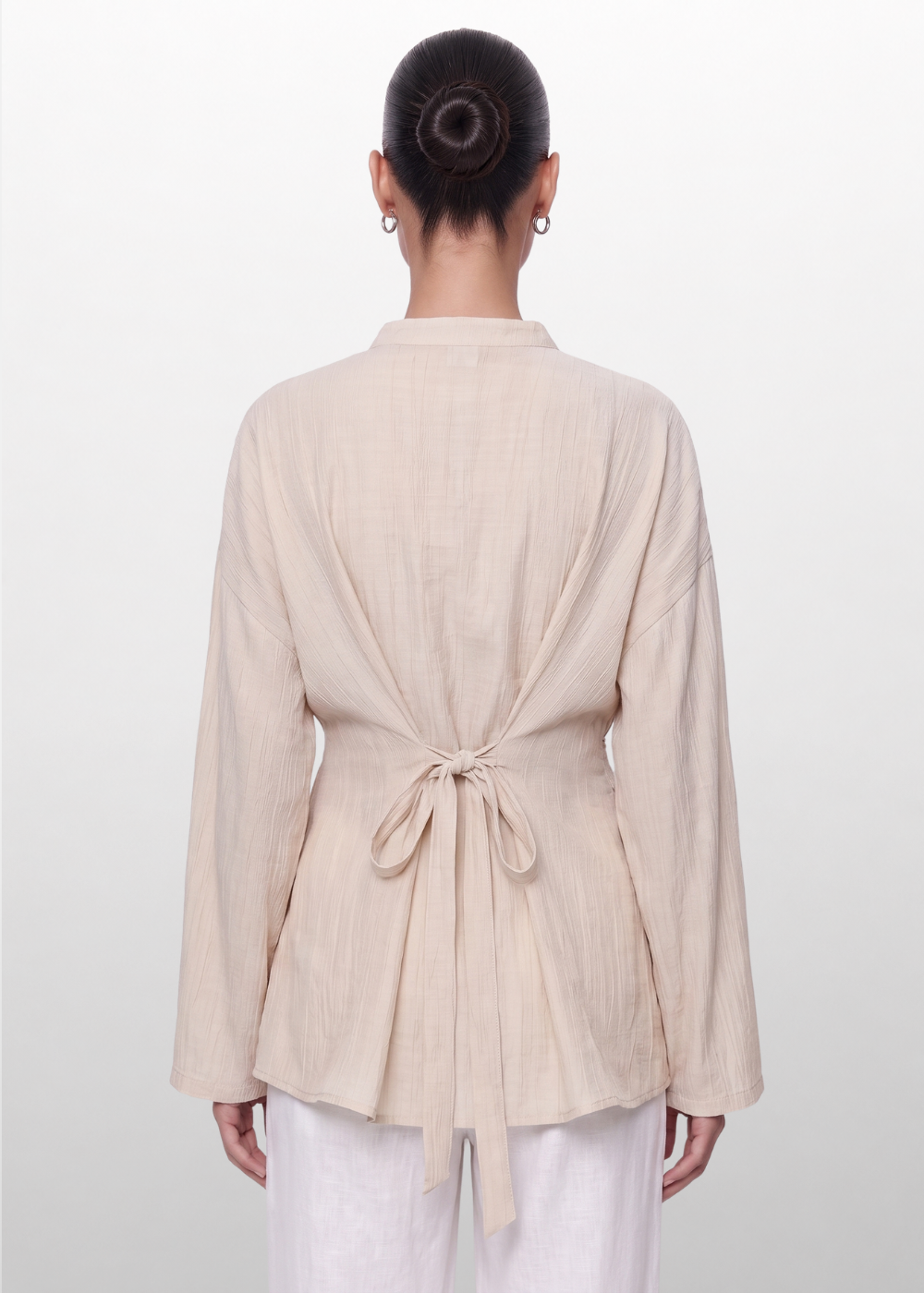 Crinkle Belted Blouse Beige