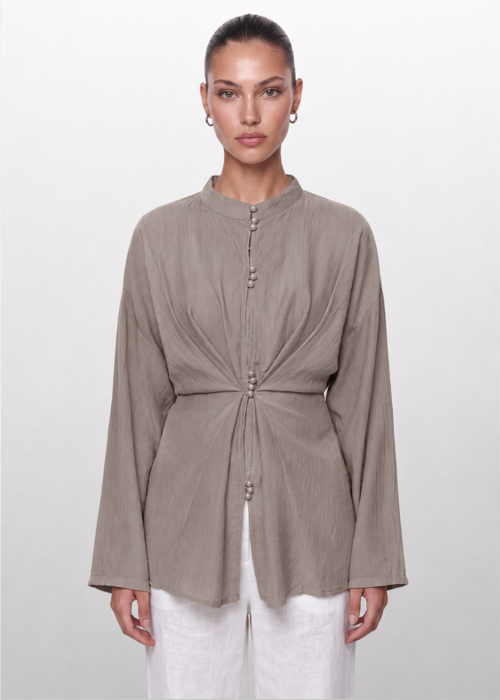 Crinkle Belted Blouse Taupe