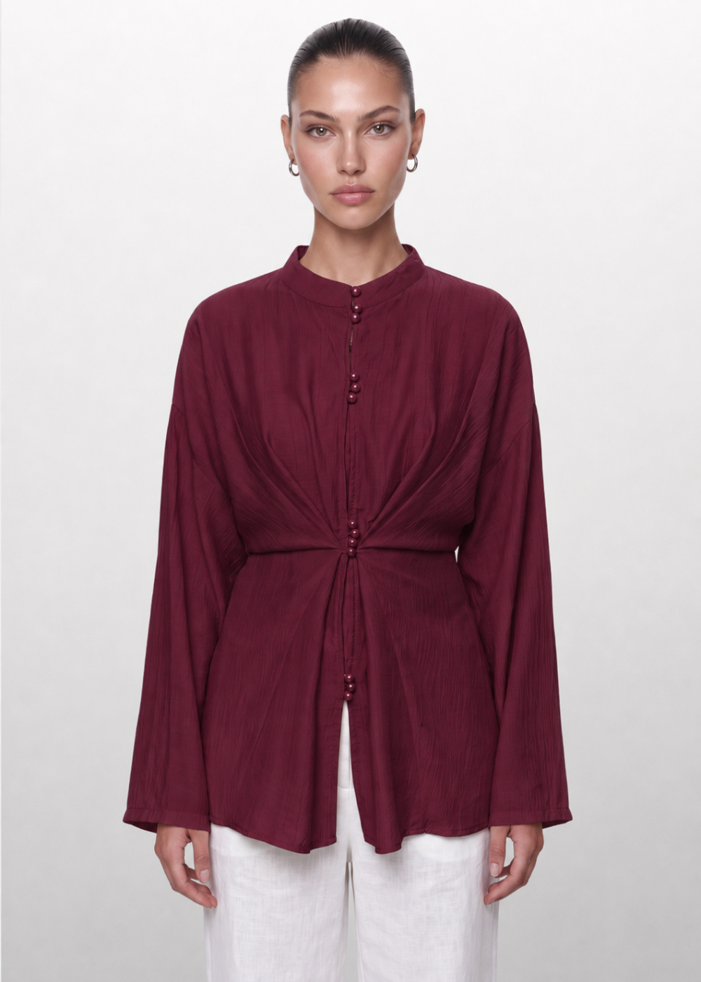 Crinkle Belted Blouse Wine