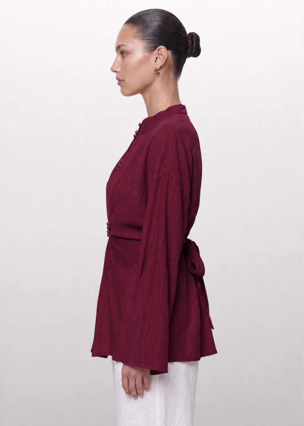 Crinkle Belted Blouse Wine