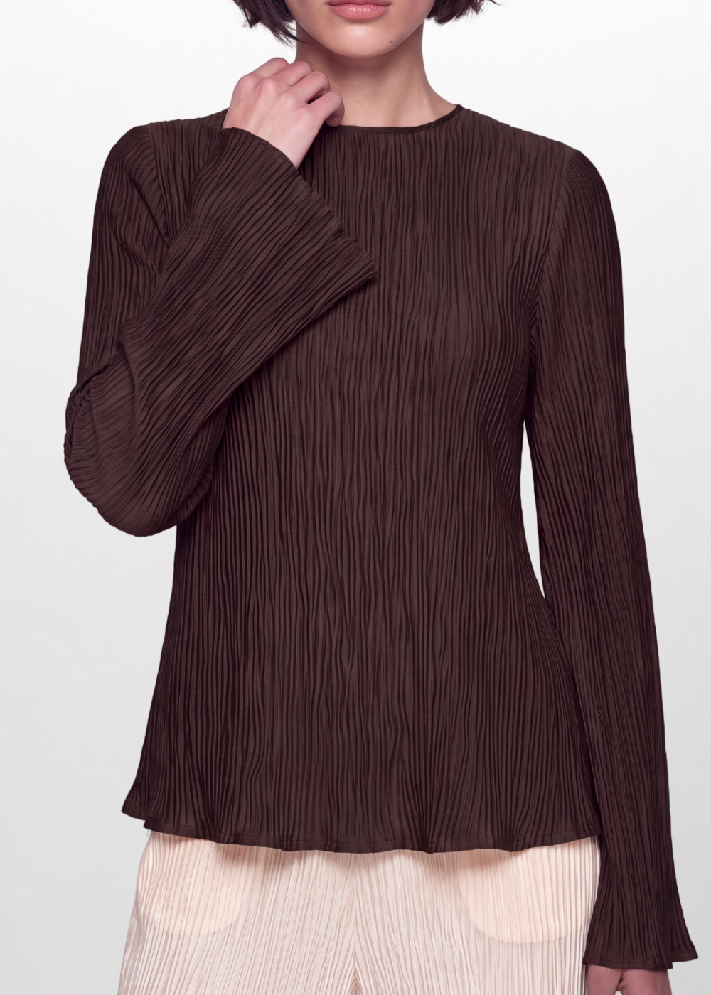 Pleated Crinkle Blouse- Chocolate