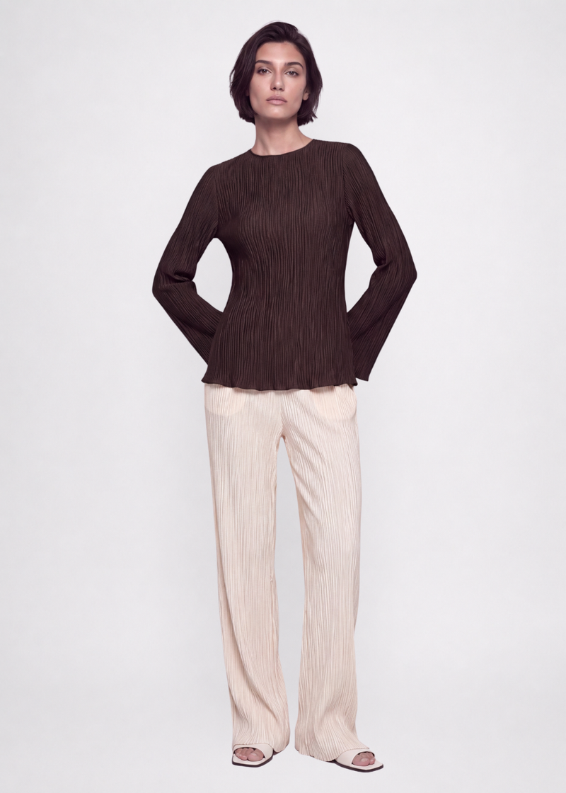 Pleated Crinkle Blouse- Chocolate