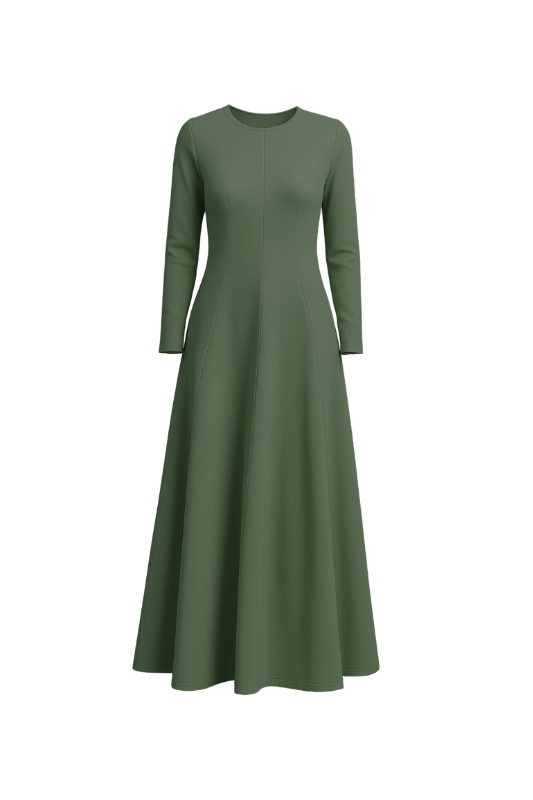 Flared Long Sleeve Maxi Dress - Khaki