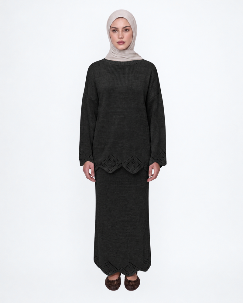 Diamond Hem Knitted Two Piece Black