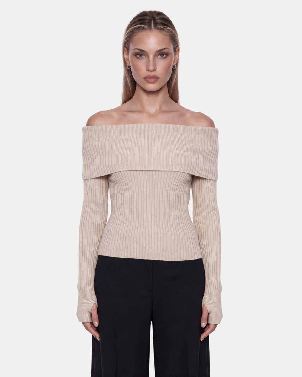 Foldover Ribbed Knit Top Beige