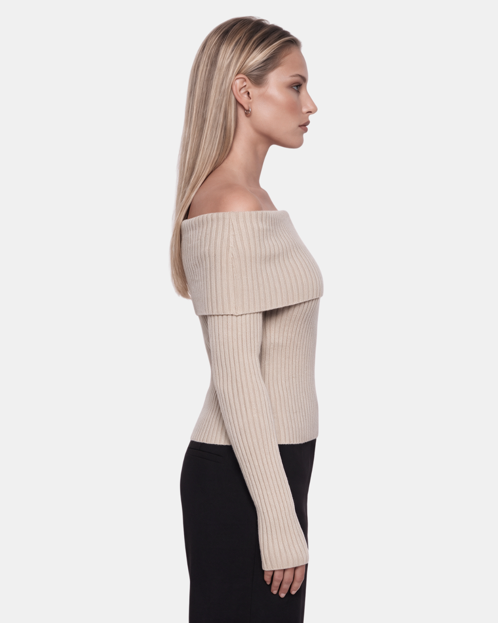 Foldover Ribbed Knit Top Beige