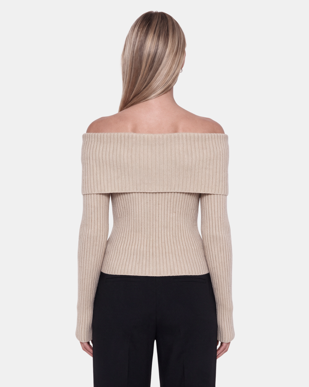 Foldover Ribbed Knit Top Beige