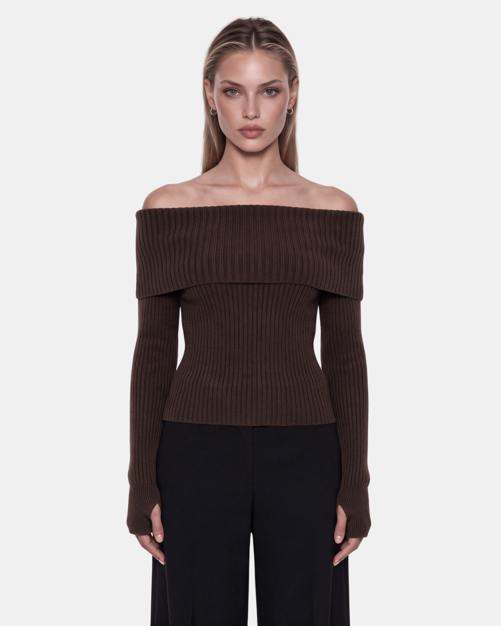 Foldover Ribbed Knit Top Chocolate
