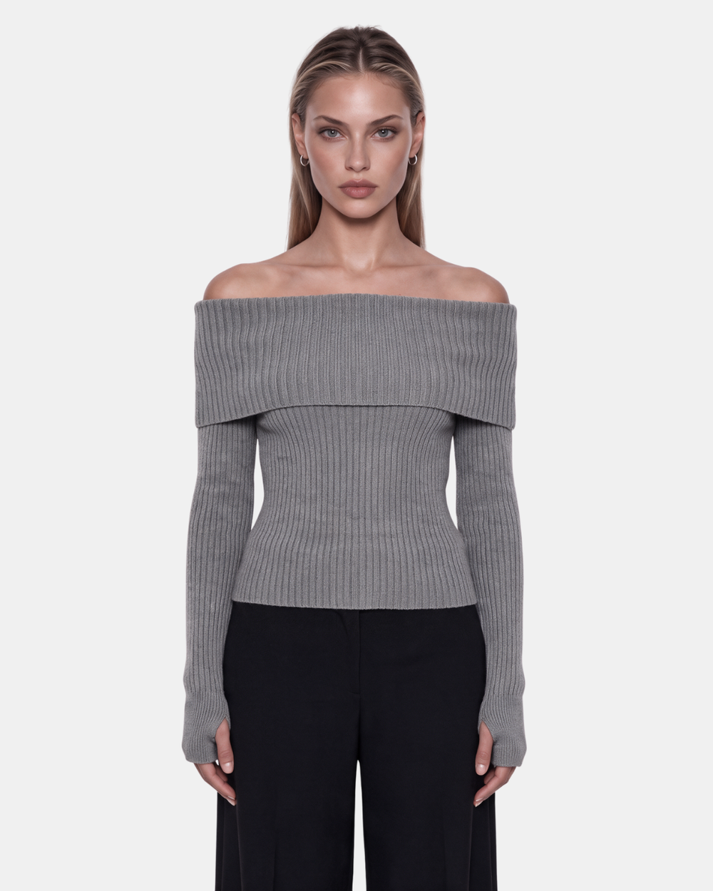 Foldover Ribbed Knit Top Gray