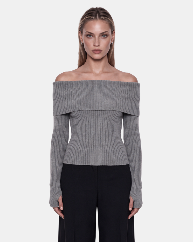 Foldover Ribbed Knit Top Gray