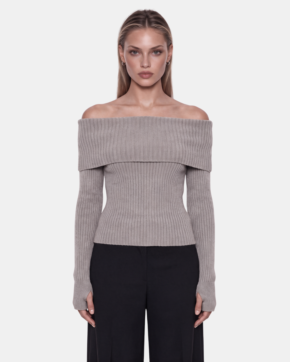 Foldover Ribbed Knit Top Taupe