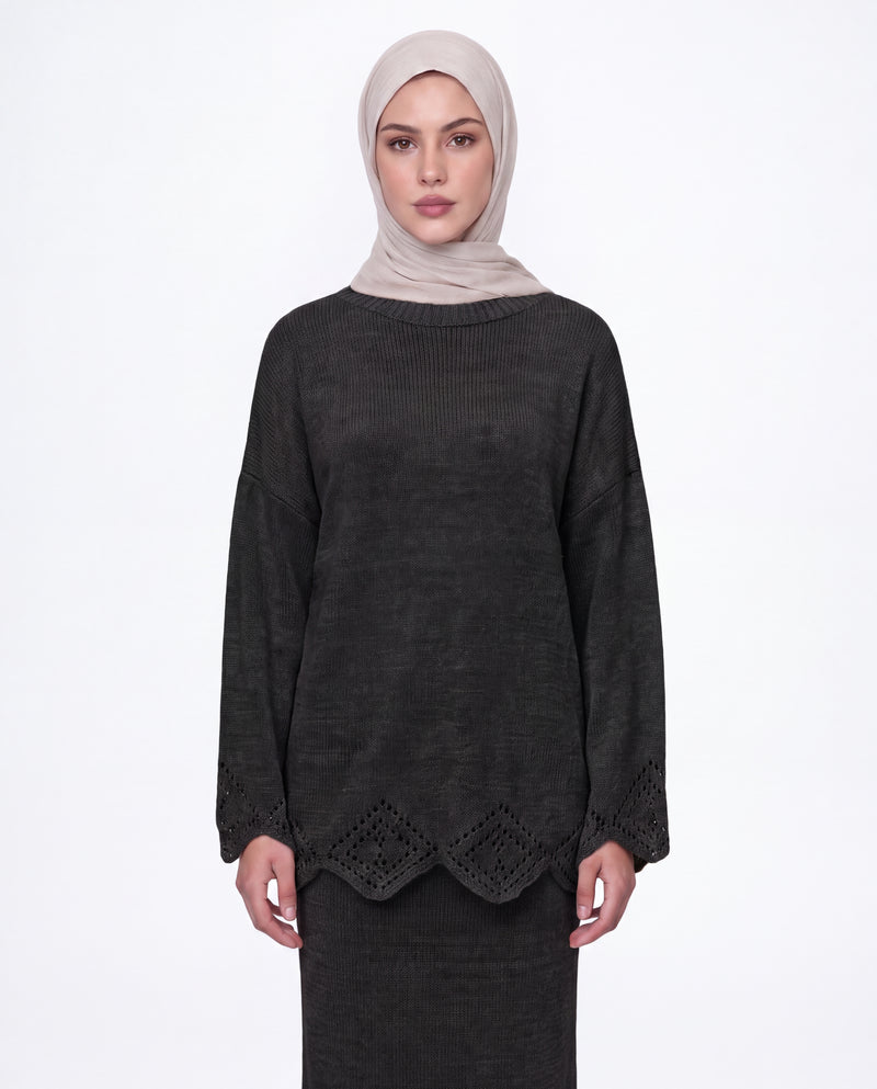 Diamond Hem Knitted Two Piece Black