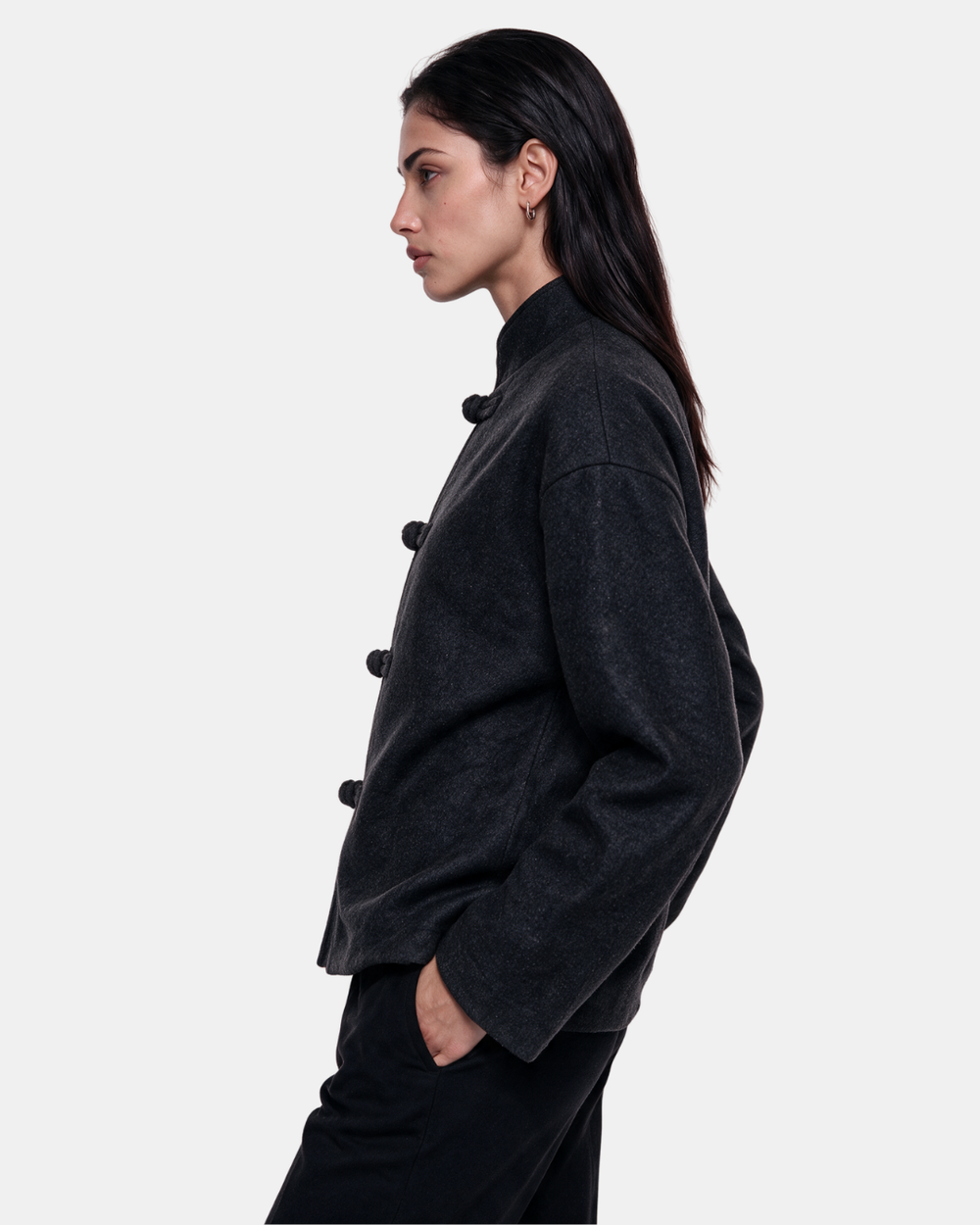 High Neck Toggle Knit Jacket Black