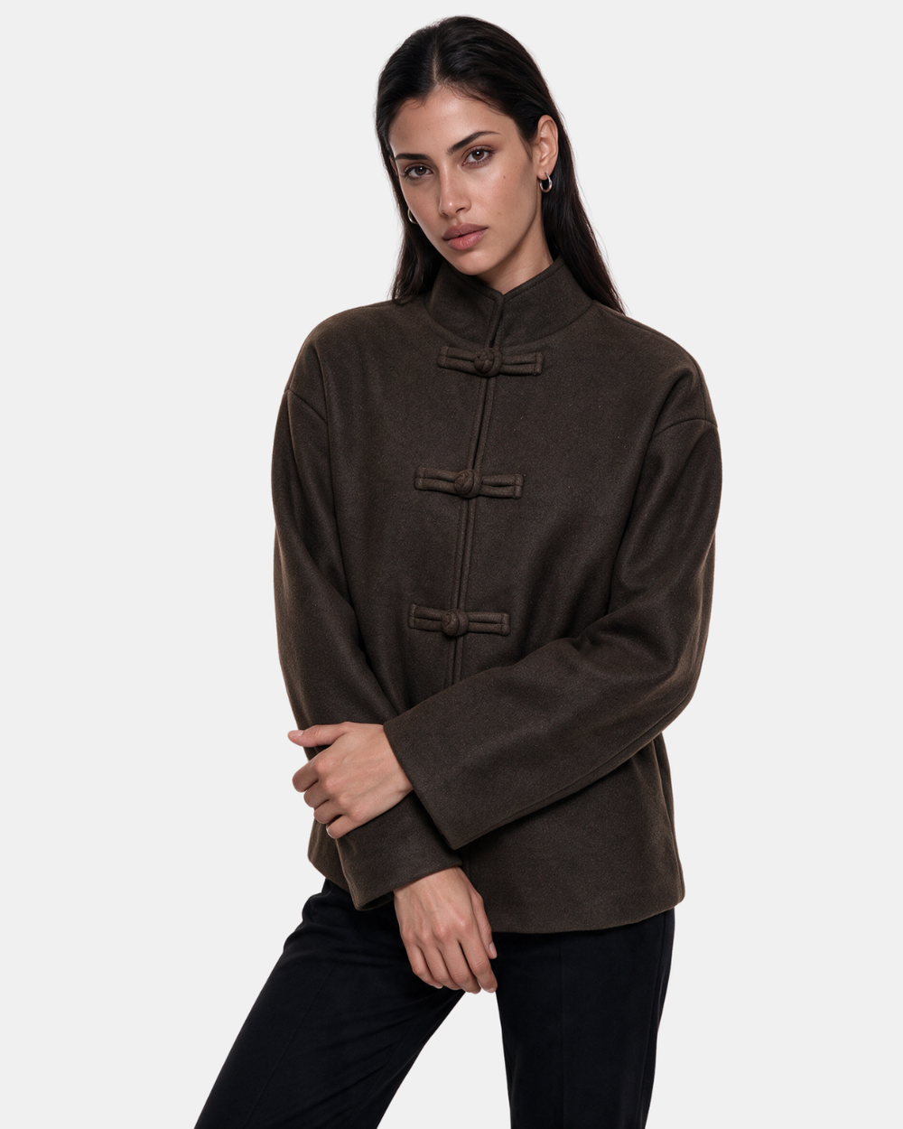 High Neck Toggle Knit Jacket Chocolate