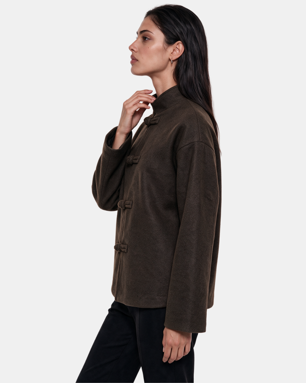 High Neck Toggle Knit Jacket Chocolate