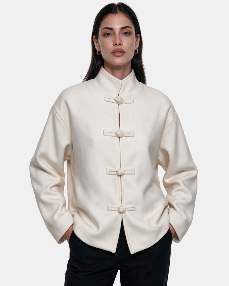 High Neck Toggle Knit Jacket Cream