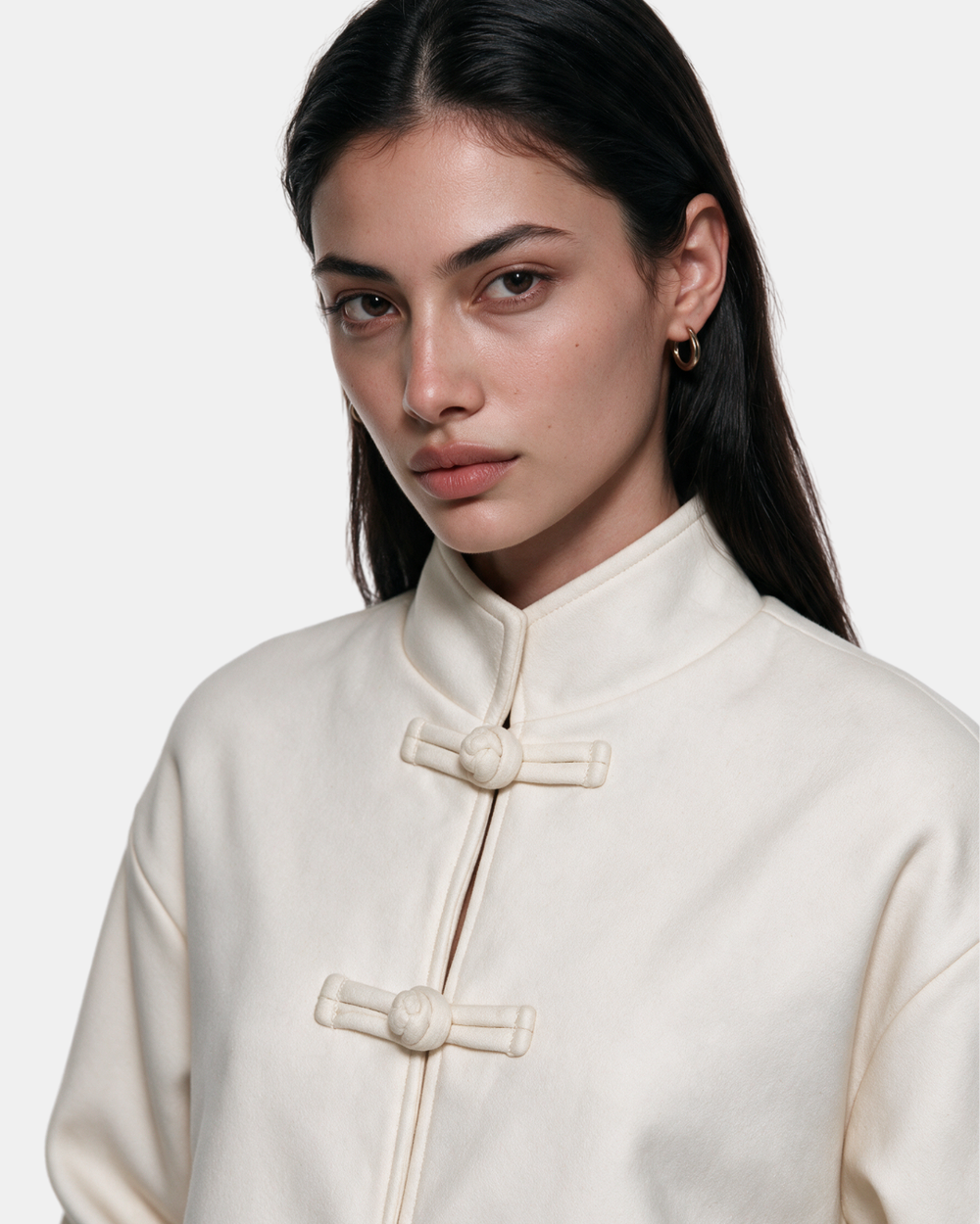 High Neck Toggle Knit Jacket Cream