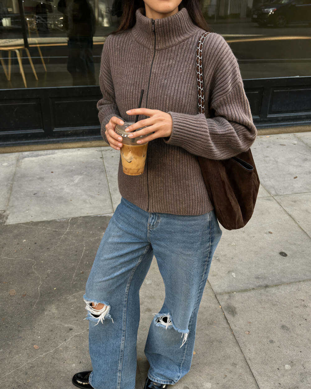 Wool Blend Zip Jacket Taupe