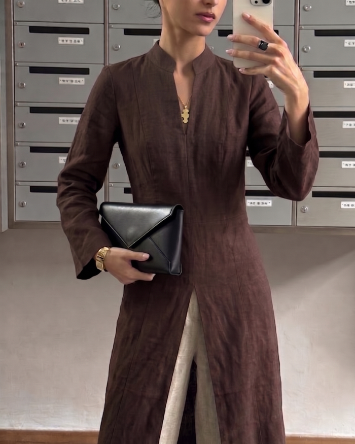 Linen Slit Dress - Chocolate worn — editorial