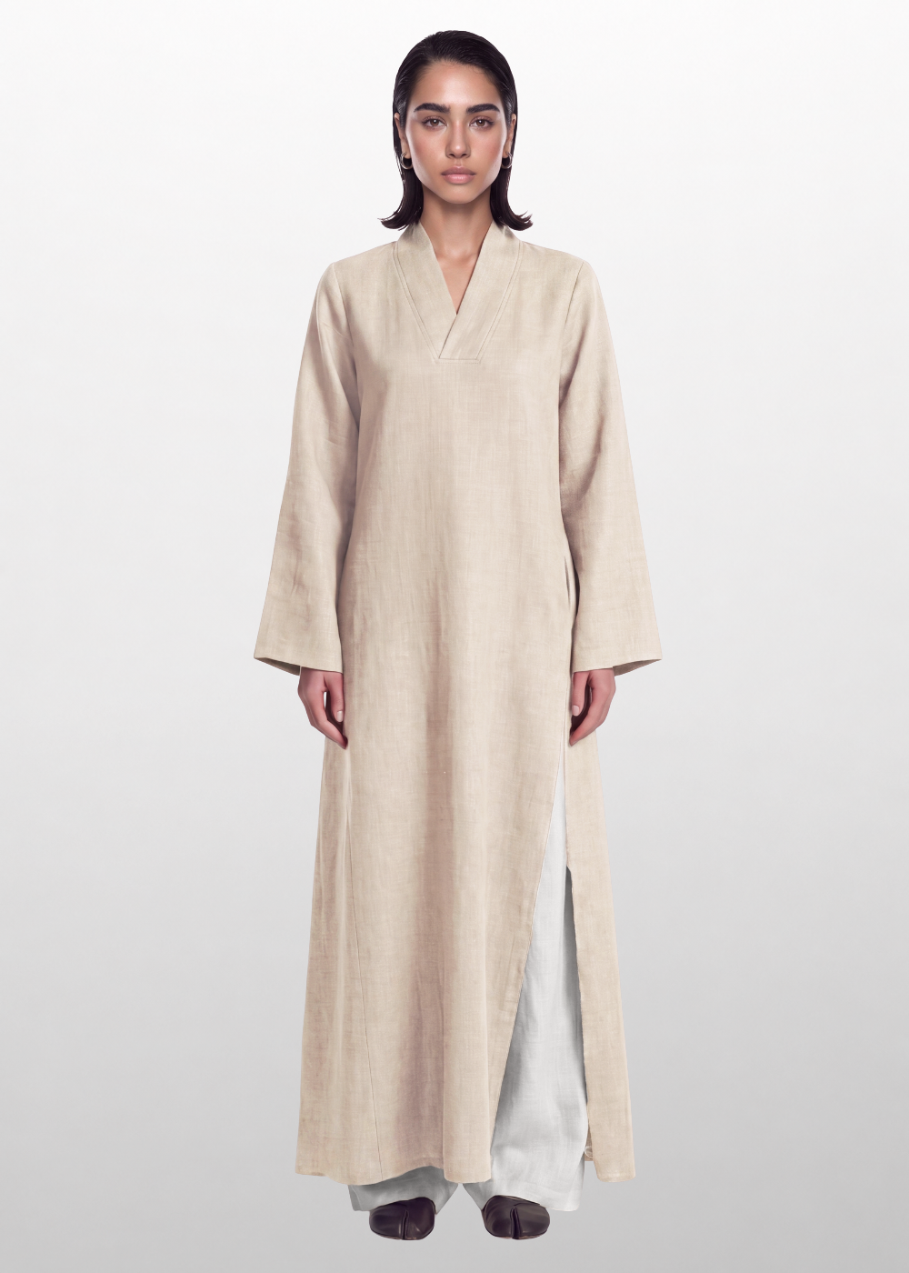Side Slit Linen Dress - Beige