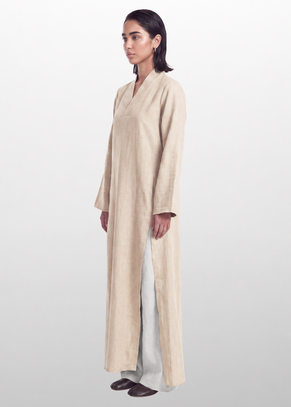 Side Slit Linen Dress - Beige