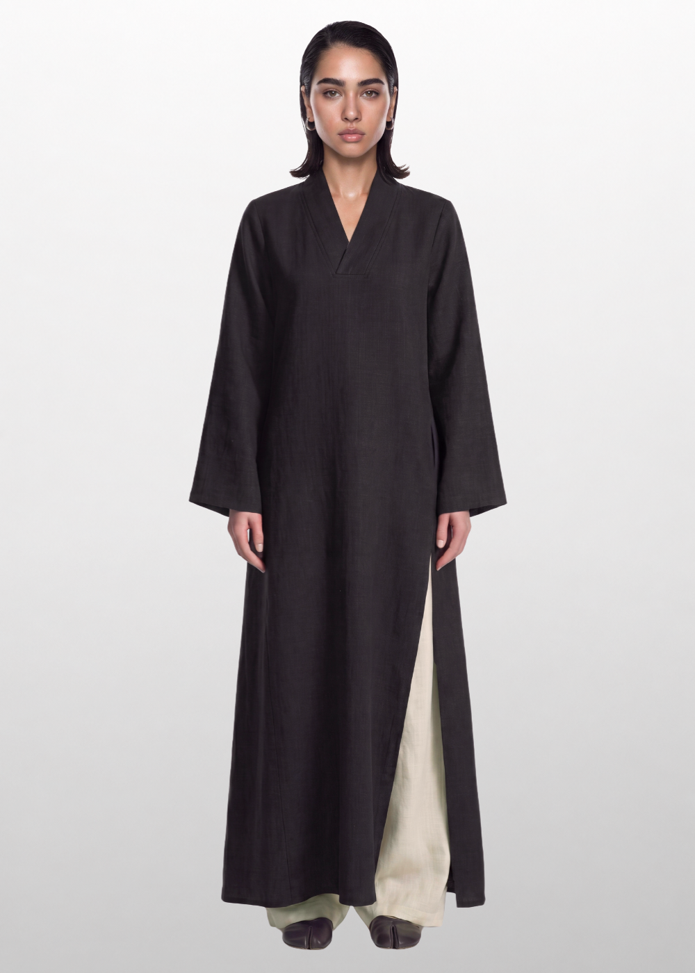 Side Slit Linen Dress - Black