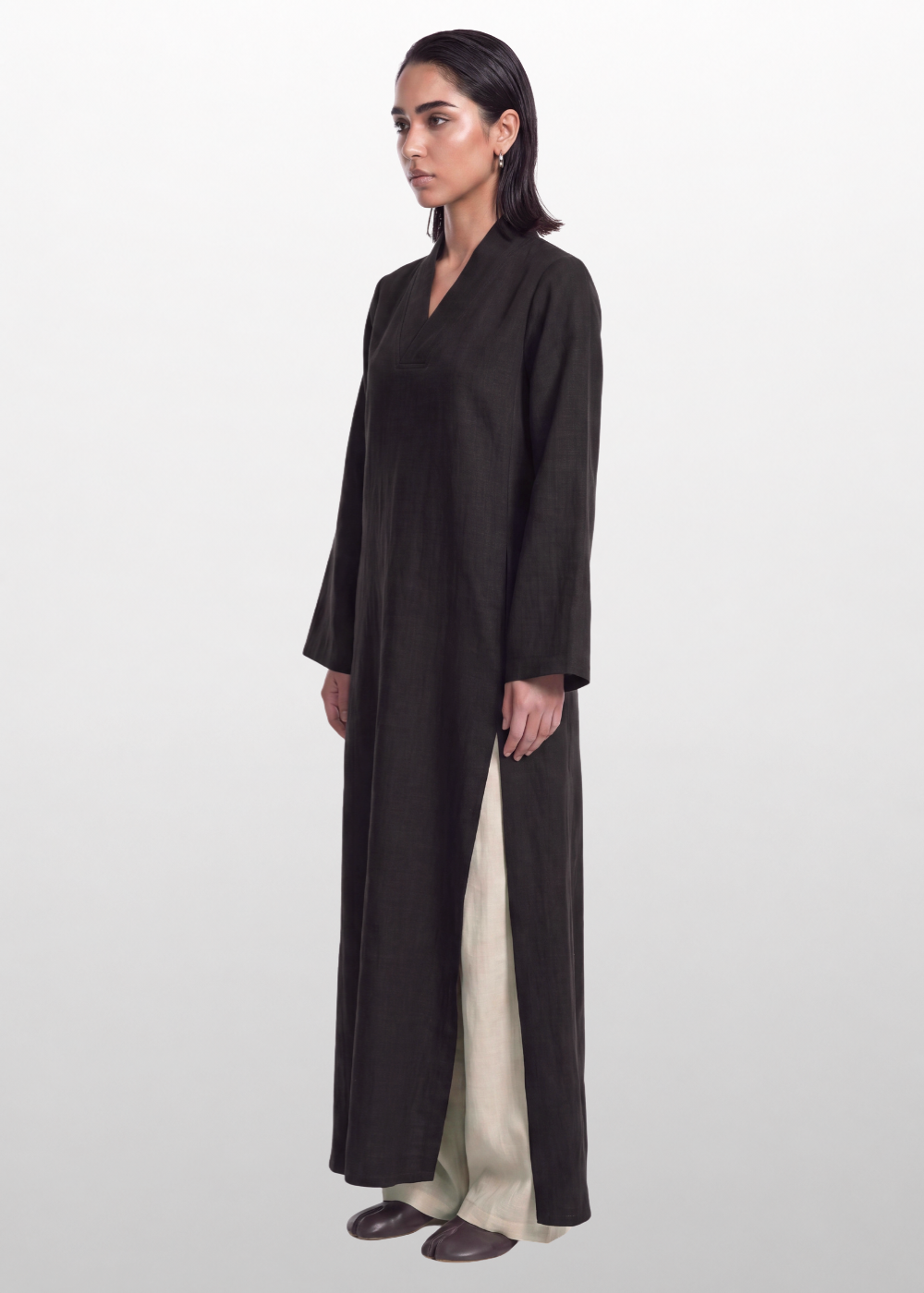 Side Slit Linen Dress - Black