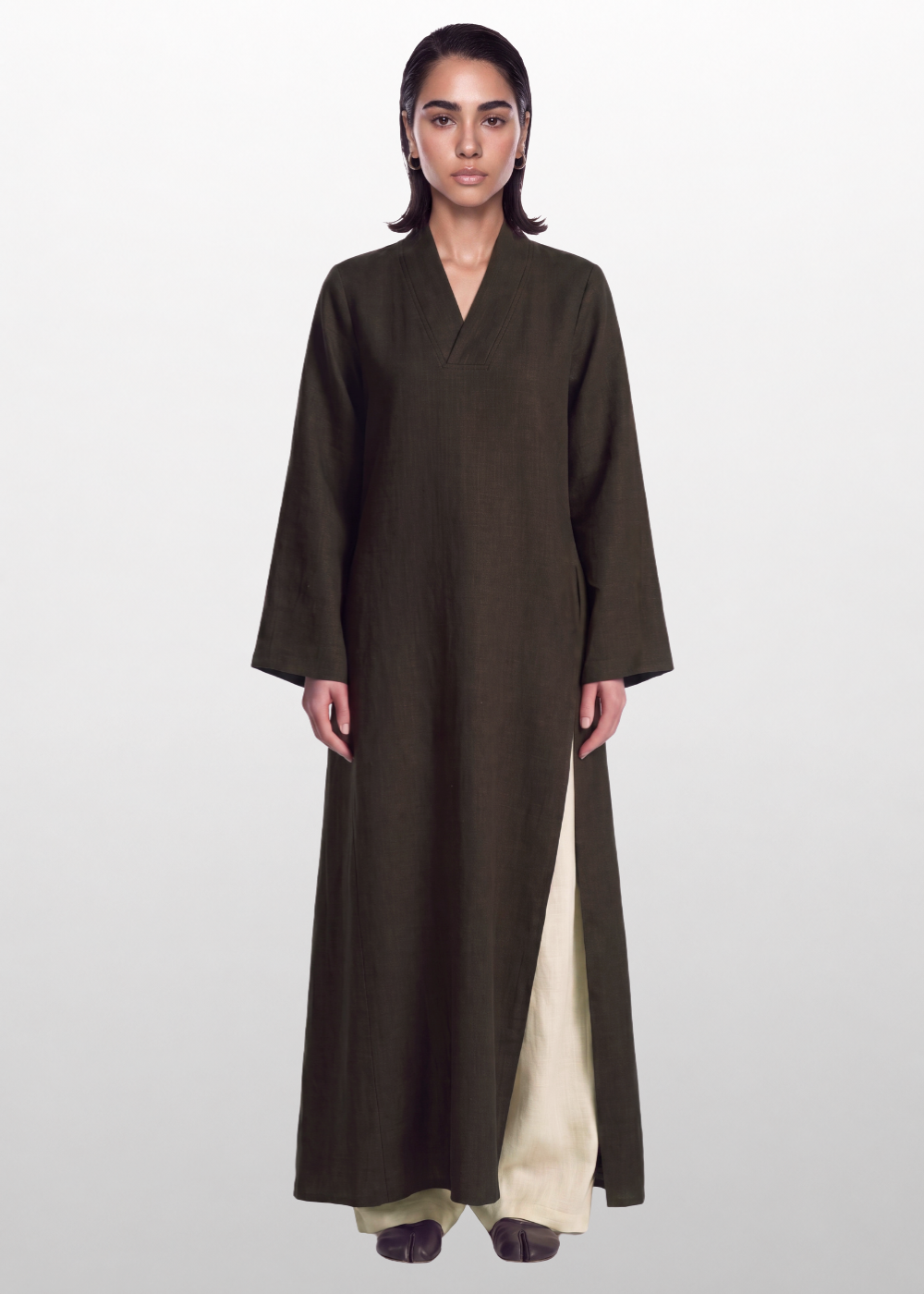Side Slit Linen Dress -  Chocolate