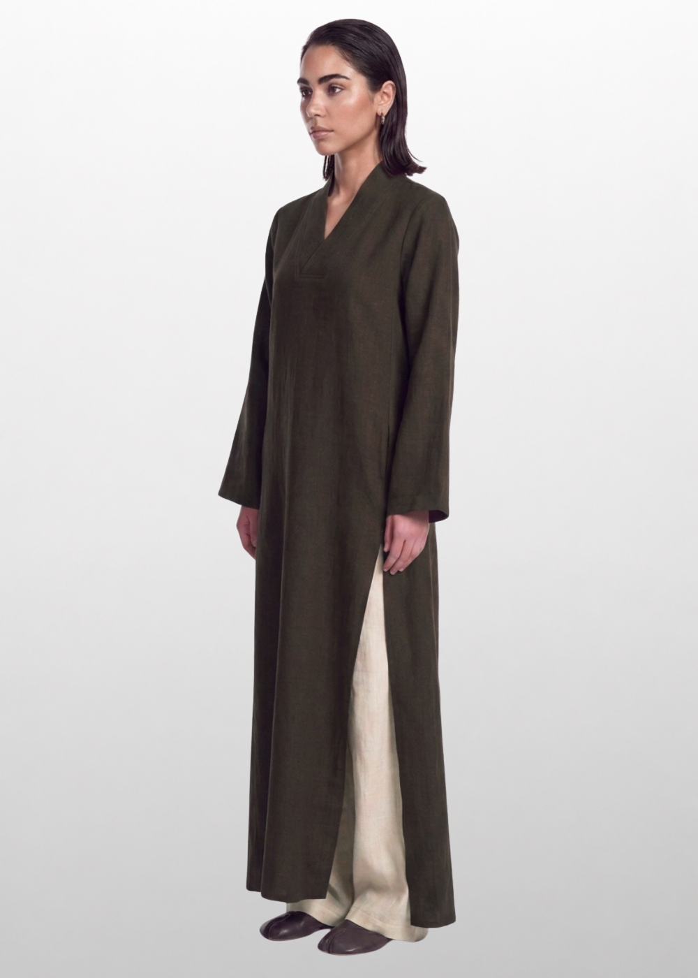 Side Slit Linen Dress -  Chocolate