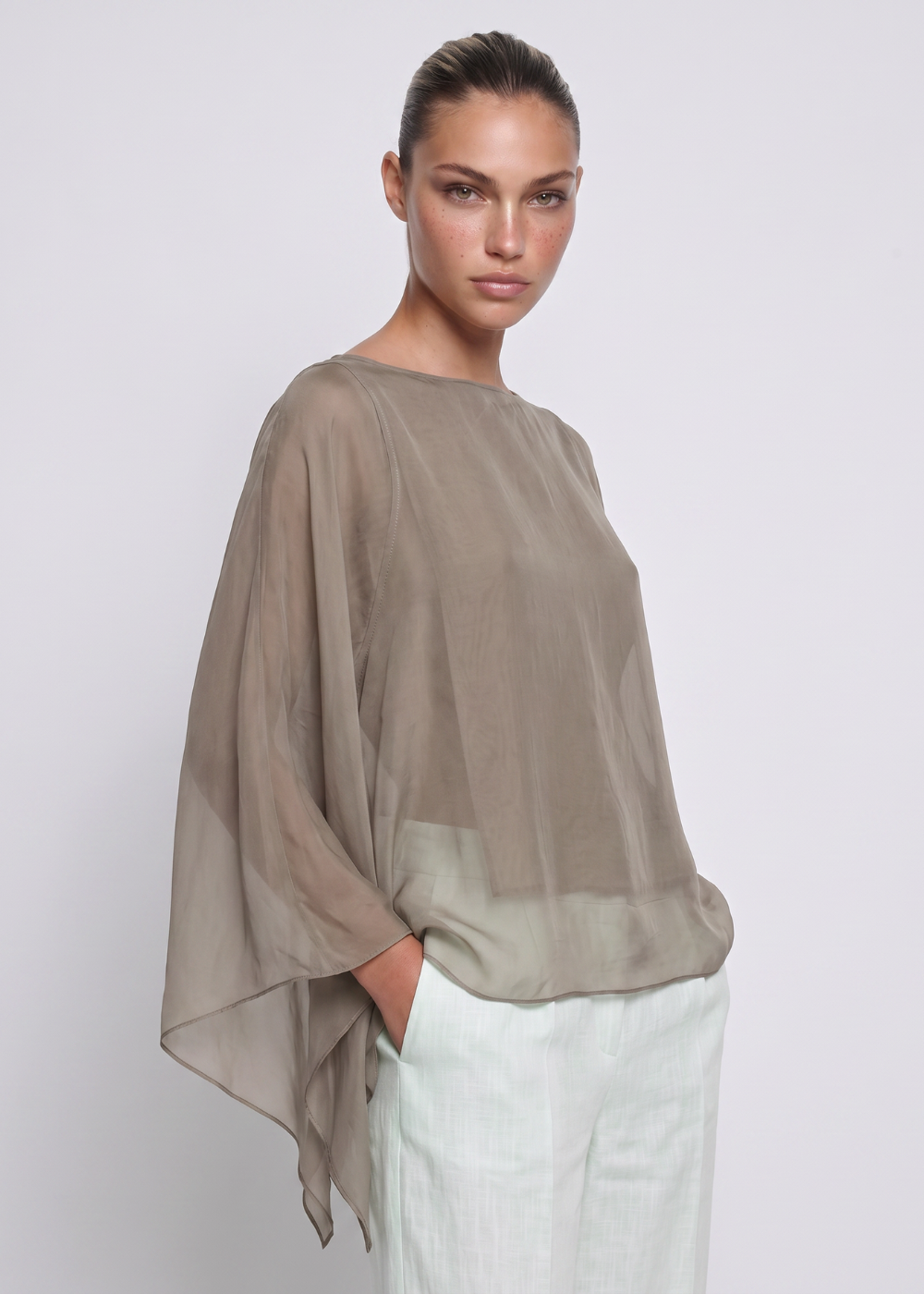 Silk Batwing Blouse Taupe