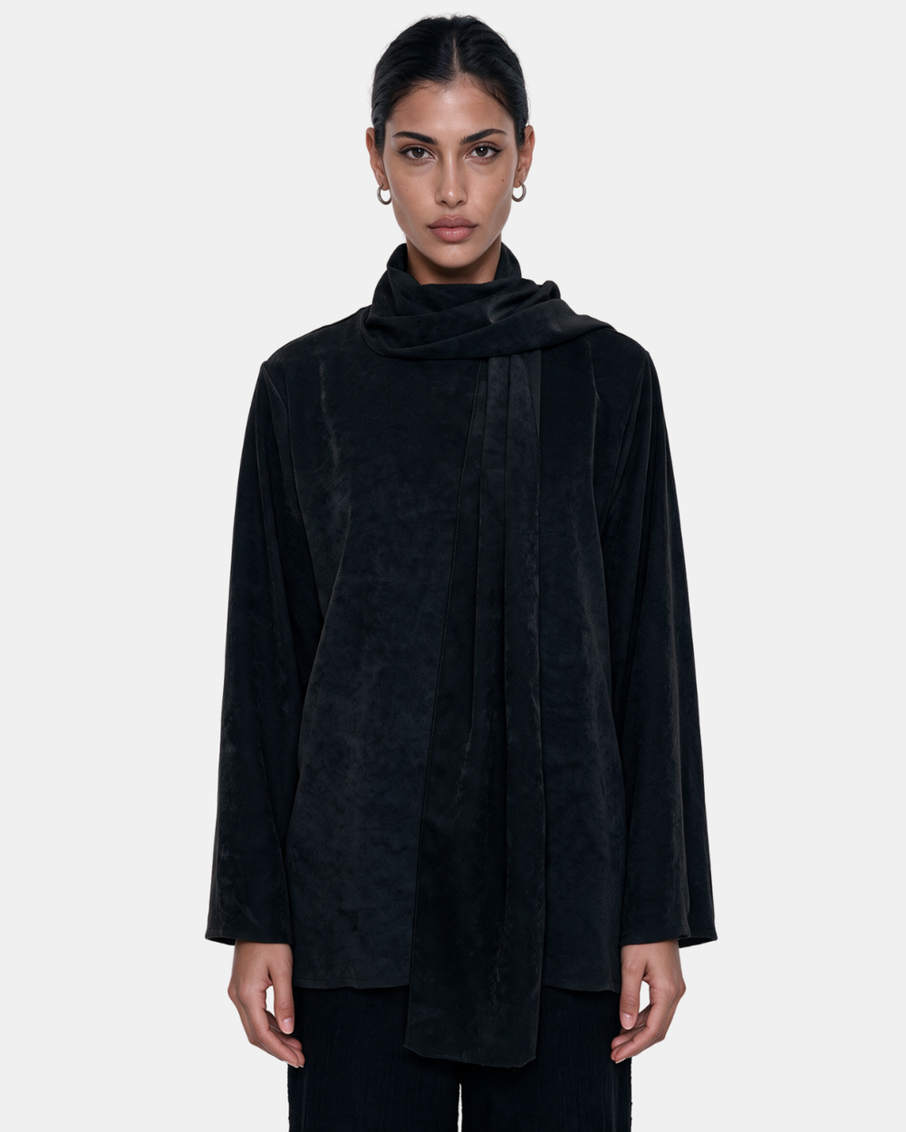 Suede Boxy Blouse with Scarf Black