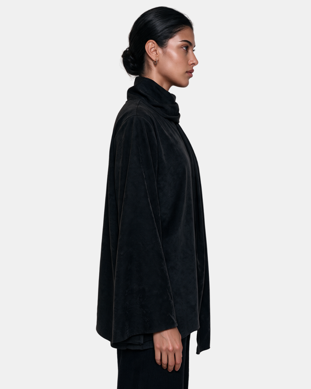 Suede Boxy Blouse with Scarf Black