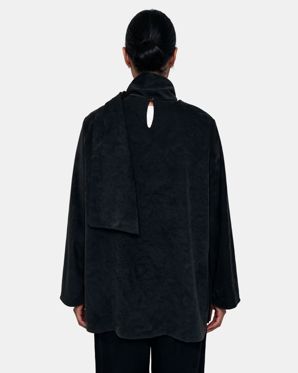 Suede Boxy Blouse with Scarf Black