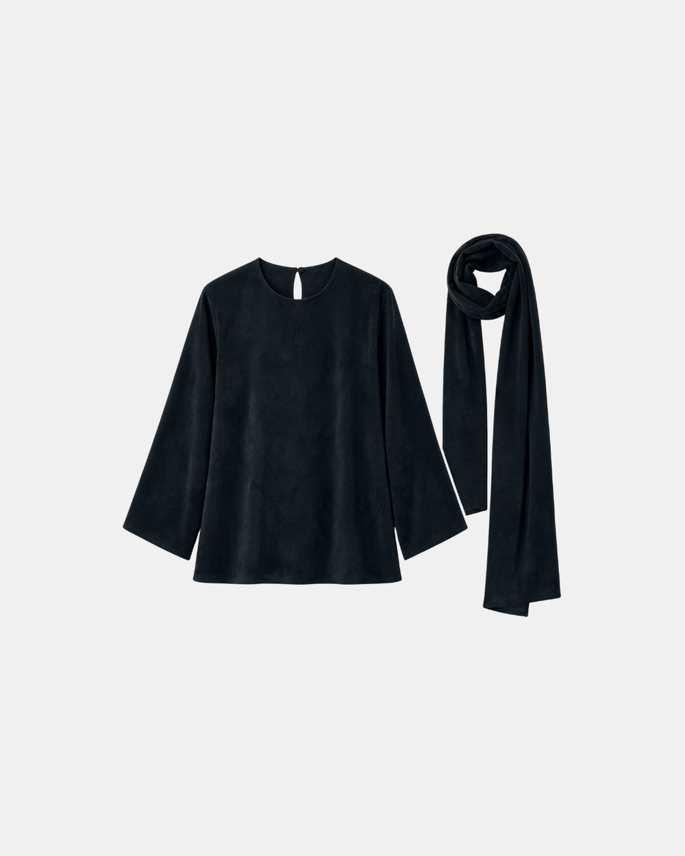 Suede Boxy Blouse with Scarf Black
