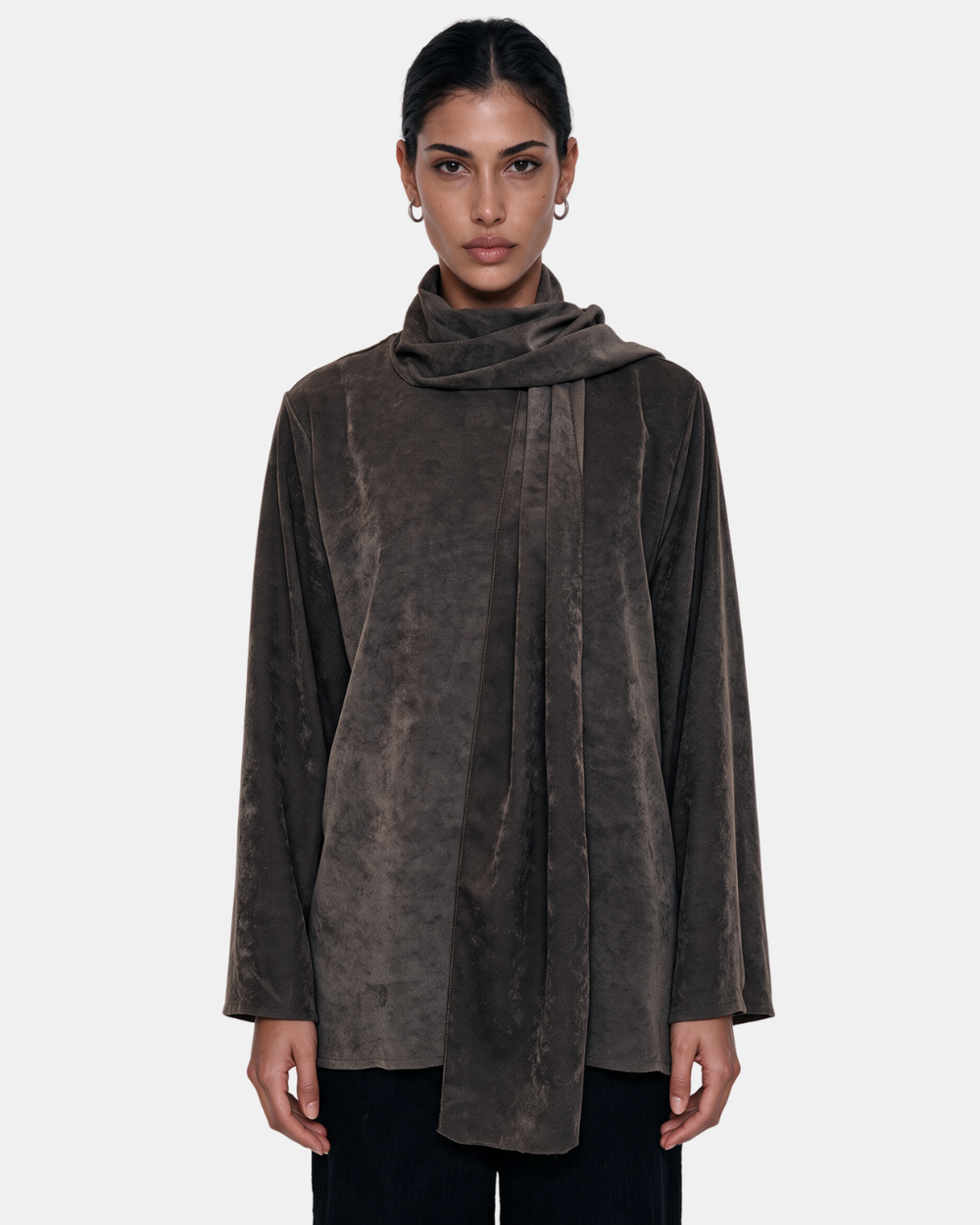 Suede Boxy Blouse with Scarf Chocolate