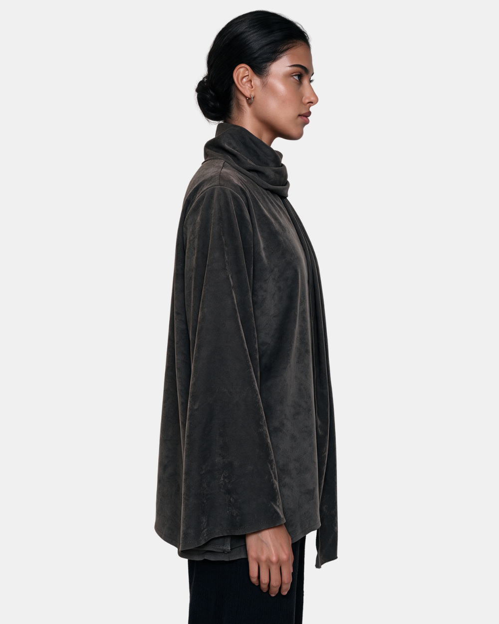 Suede Boxy Blouse with Scarf Chocolate