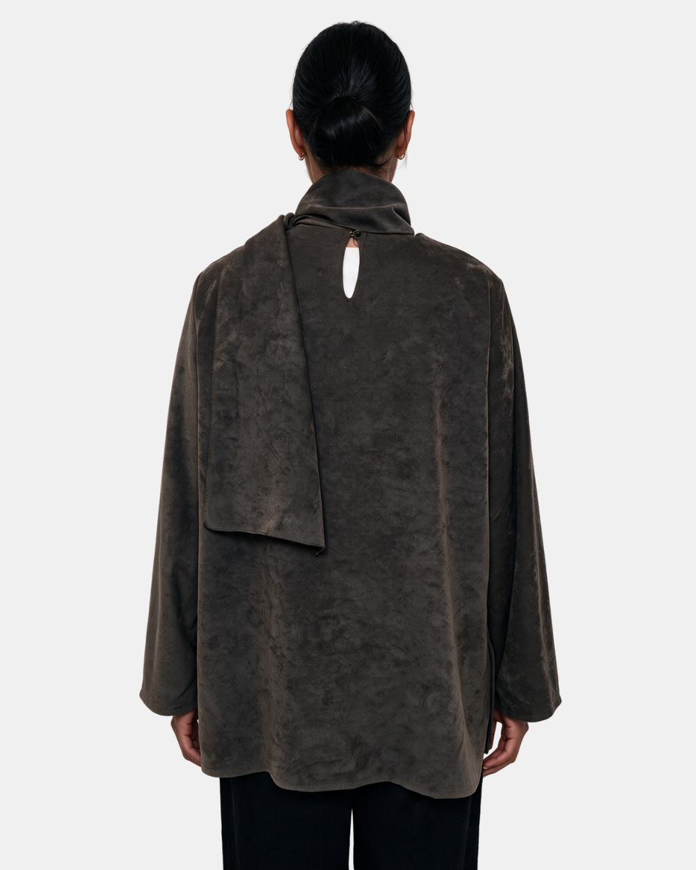 Suede Boxy Blouse with Scarf Chocolate