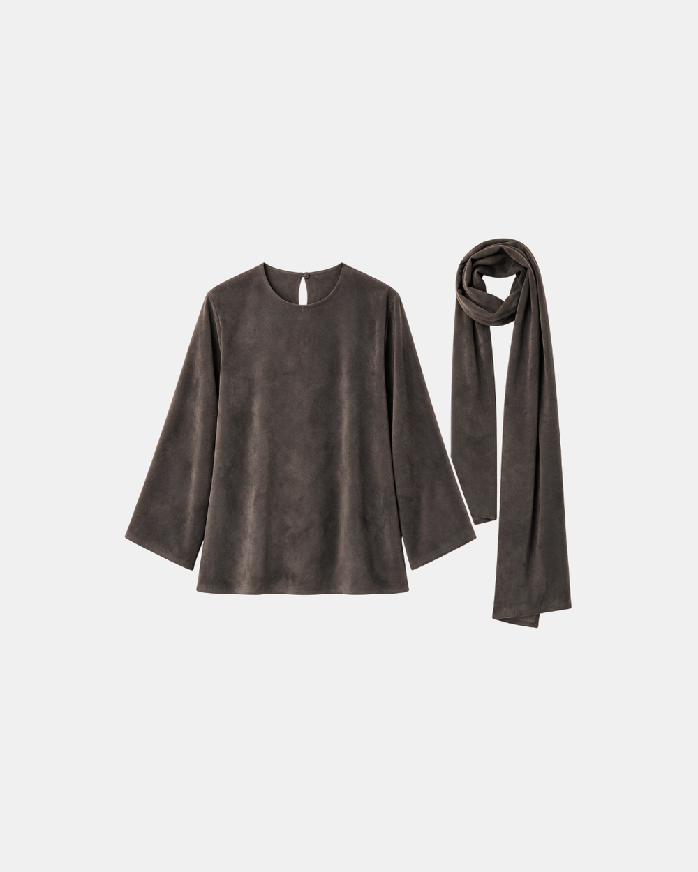 Suede Boxy Blouse with Scarf Chocolate