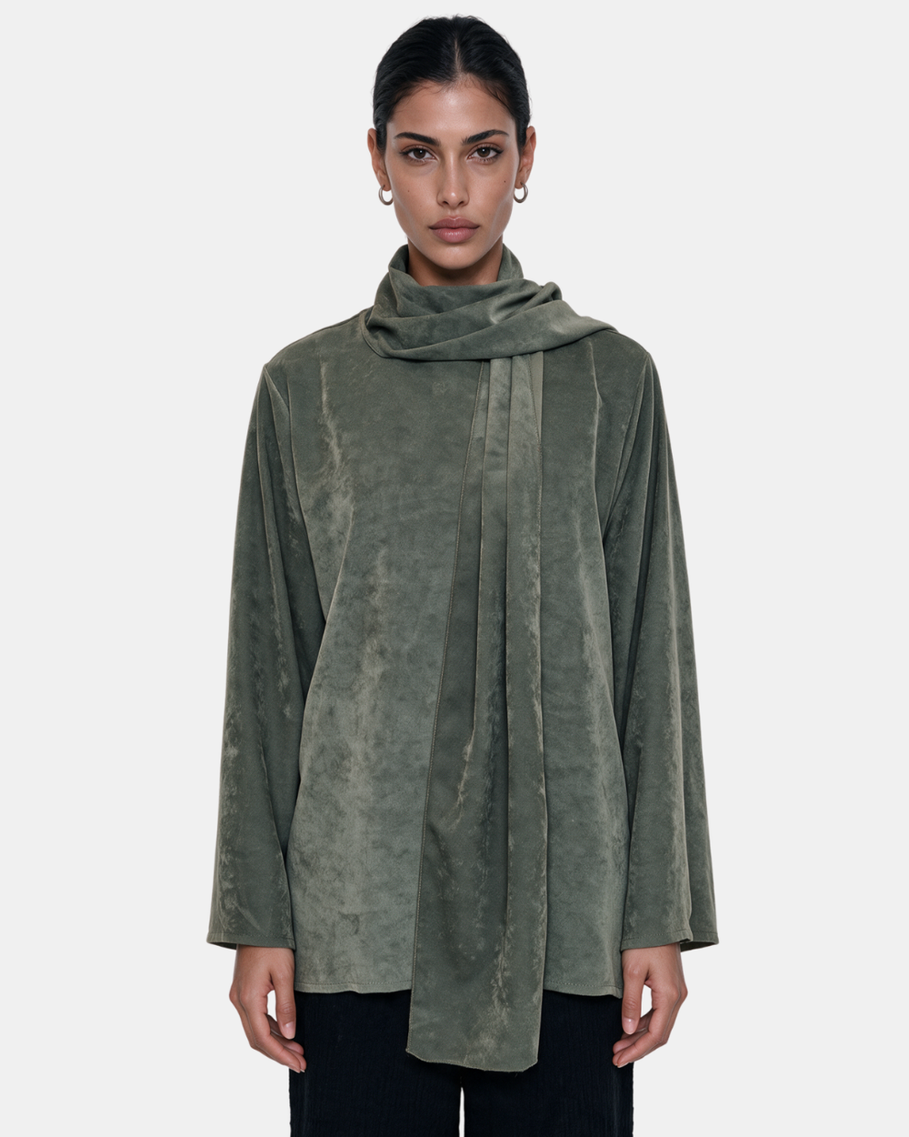Suede Boxy Blouse with Scarf Khaki