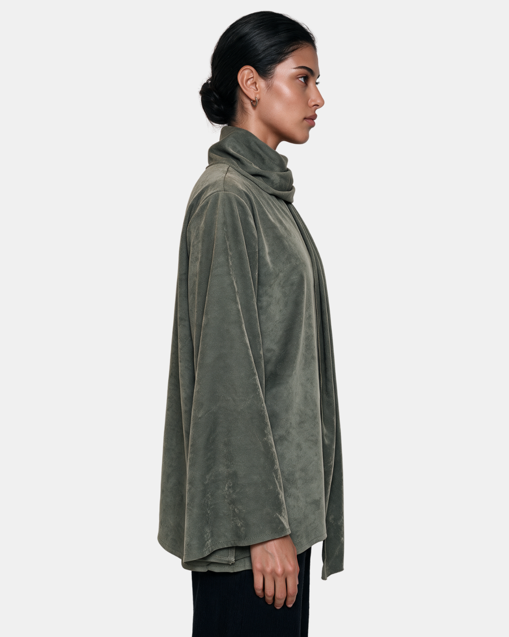 Suede Boxy Blouse with Scarf Khaki