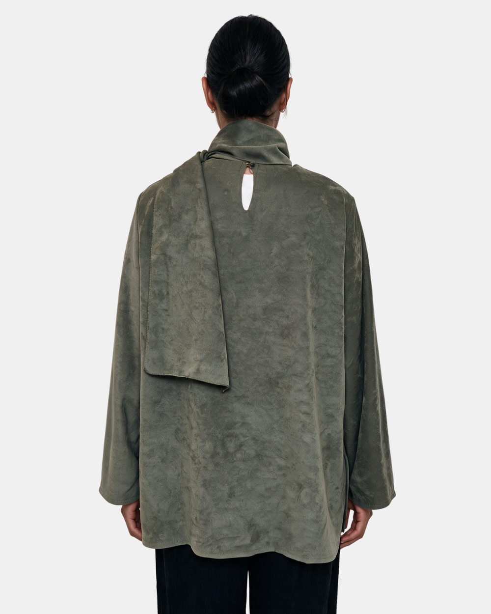 Suede Boxy Blouse with Scarf Khaki